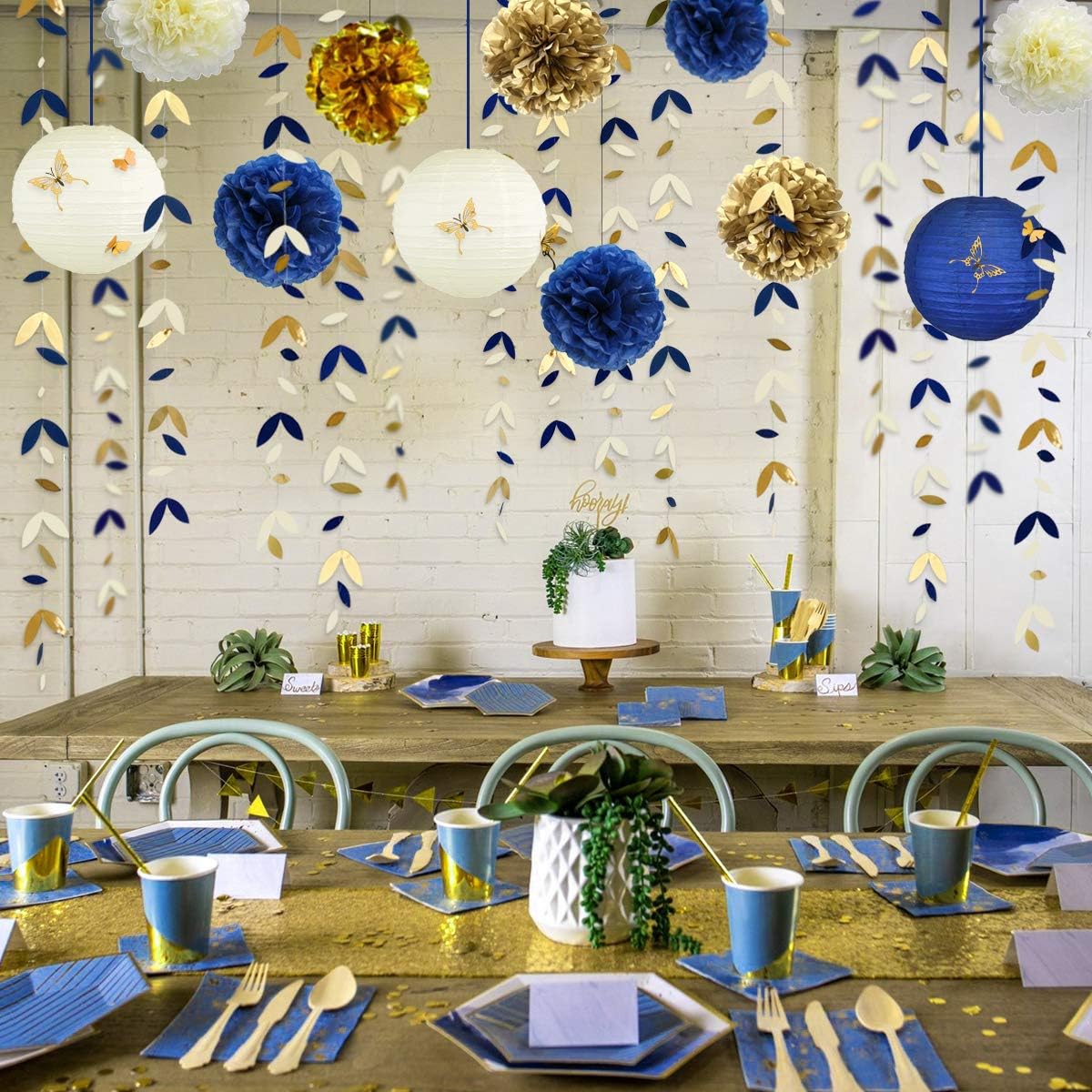 Navy Blue and Gold Party Decoration Kit Lanterns Flowers Pom Pom with Champagne Gold 3D Butterfly Stickers and Leaf Garland Streamers for Birthday Engagement Wedding Bridal Shower Bachelorette Party