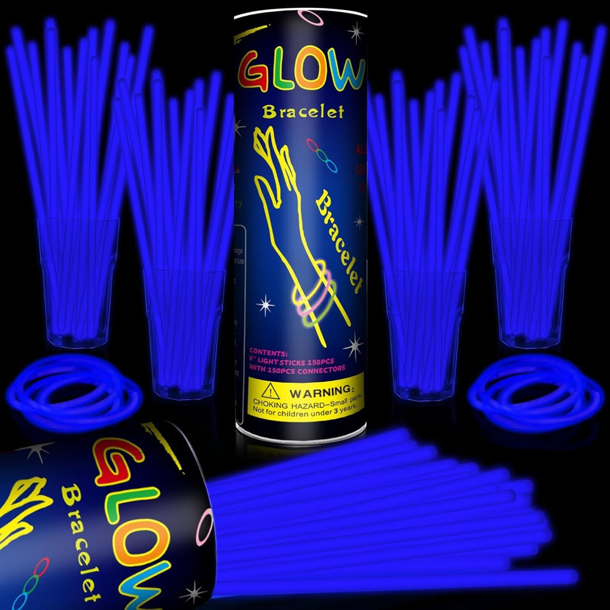 200 Pack 8'' Glow Sticks Bulk Party Favors Blue Light Up Sticks with Connectors Neon Glow in the Dark Party Supplies Bracelets for Holiday Birthday Party Decoration(Blue)