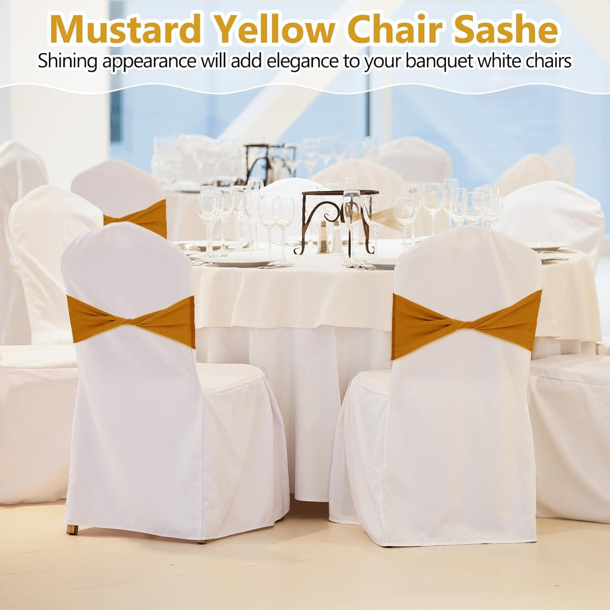 Kinlop 50 Pcs Spandex Chair Sashes Bows Chair BB0C3V65Z6Tands Slider Sashes for Covers Elastic Bands Ties Without Buckle Decorations for Wedding Party Events Ceremony Birthday(Mustard Yellow)