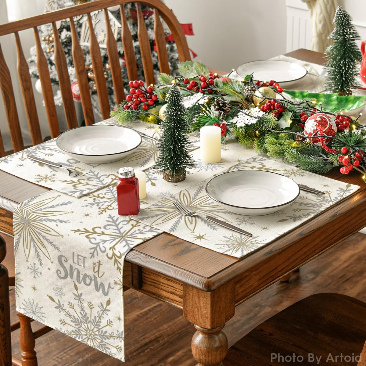 Artoid Mode Beige Snowflake Let It Snow Winter Placemats Set of 4, 12x18 Inch Seasonal Christmas Table Mats for Party Kitchen Dining Decoration