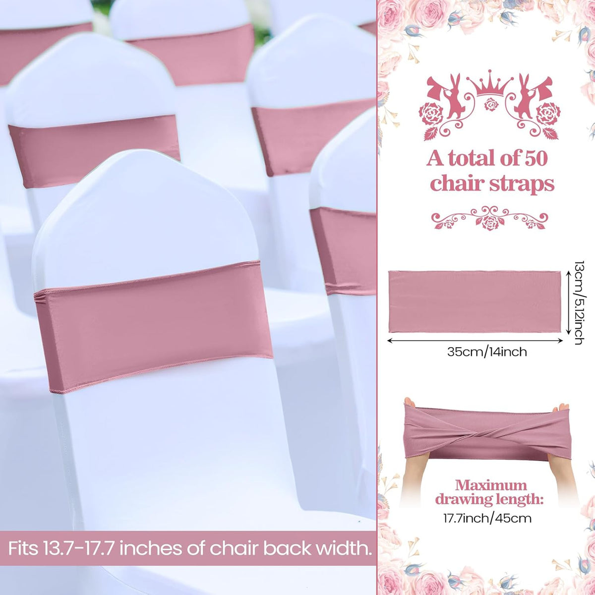 Kinlop 50 Pcs Spandex Chair Sashes Bows Chair Bands Slider Sashes for Covers Elastic Bands Ties Without Buckle Decorations for Wedding Party Events Ceremony Birthday(Dusty Pink)