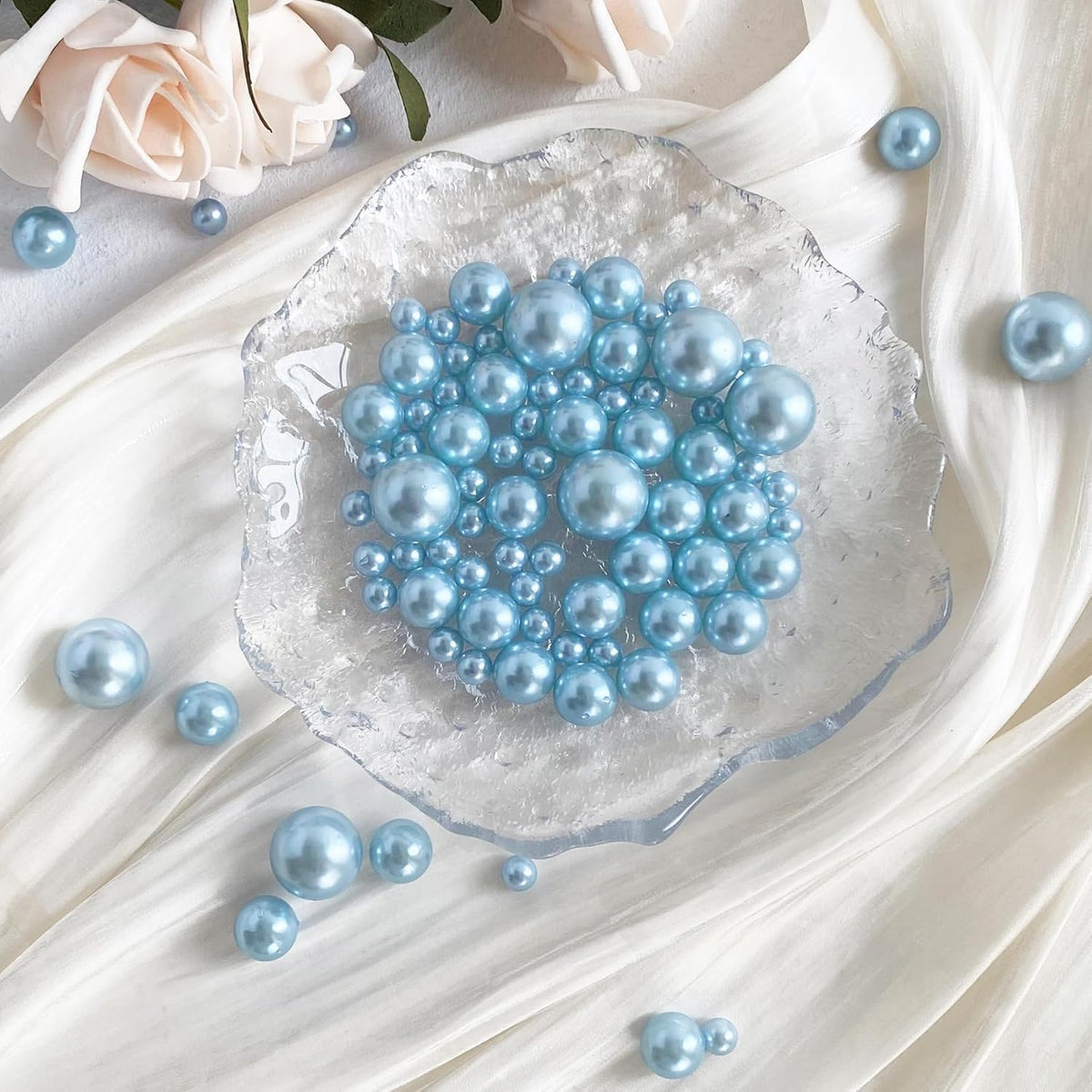 260Pcs Lightblue Glossy Beads - 6mm, 14mm, 18mm Round Plastic Pearl Beads for Centerpiece Decor, Wedding, Birthday, Christmas Party, Home Decor