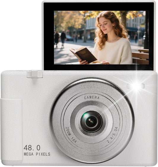 2K Digital Camera with 48MP Multi-Filter 16X Zoom Anti Shake, 3" LCD Screen Compact Vlogging Camera with 32G SD-Card, White