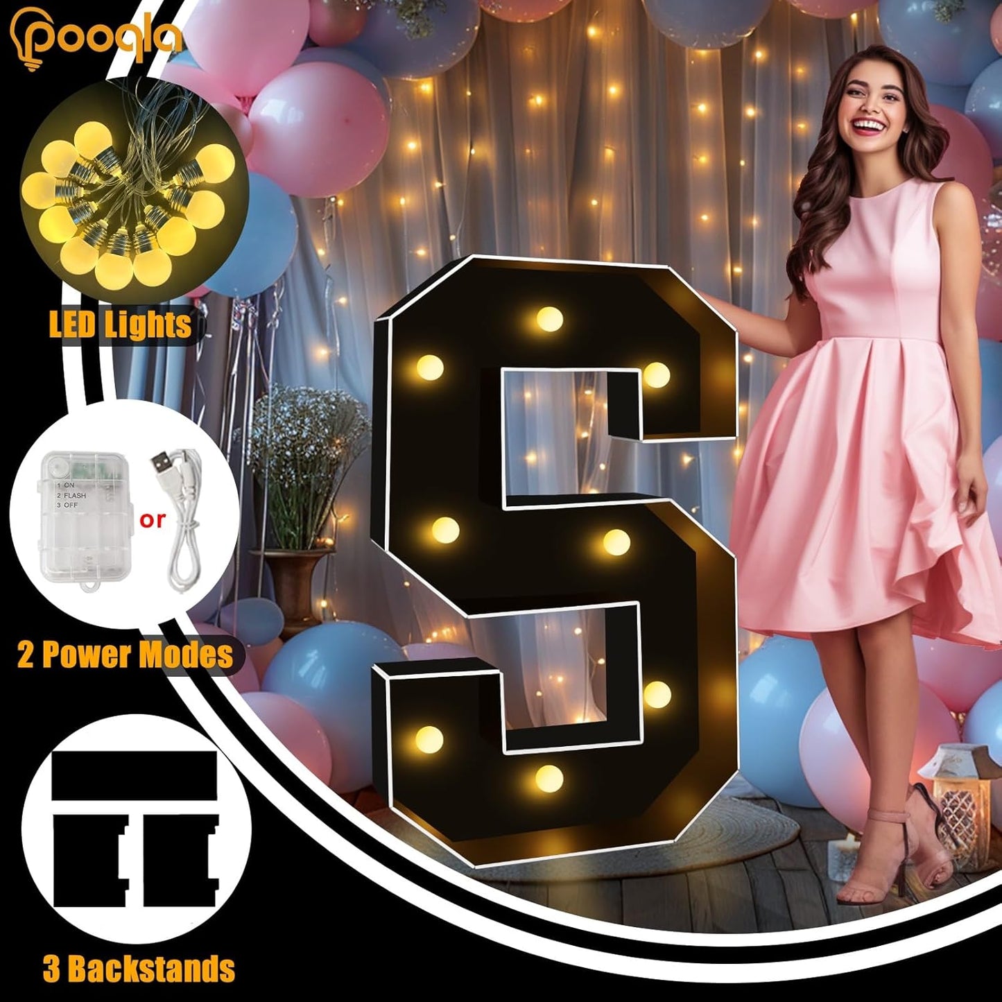Pooqla 3 FT Marquee Light Up Letters, Black Marquee Letter Lights 3 Feet Tall, Giant LED Sign Big Mosaic Letters for Balloons Birthday Party Anniversary Wedding Decorations, Warm White B