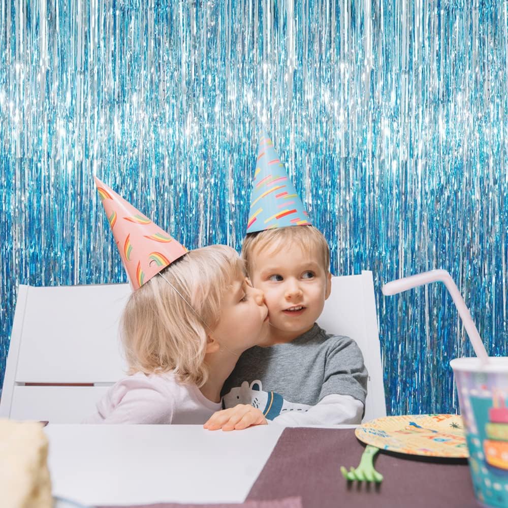GOER 3.2 ft x 8.2 ft Metallic Tinsel Foil Fringe Curtains Party Photo Backdrop Party Streamers for Birthday,Graduation,New Year Eve Decorations Wedding Decor (Light Blue,5 pcs)
