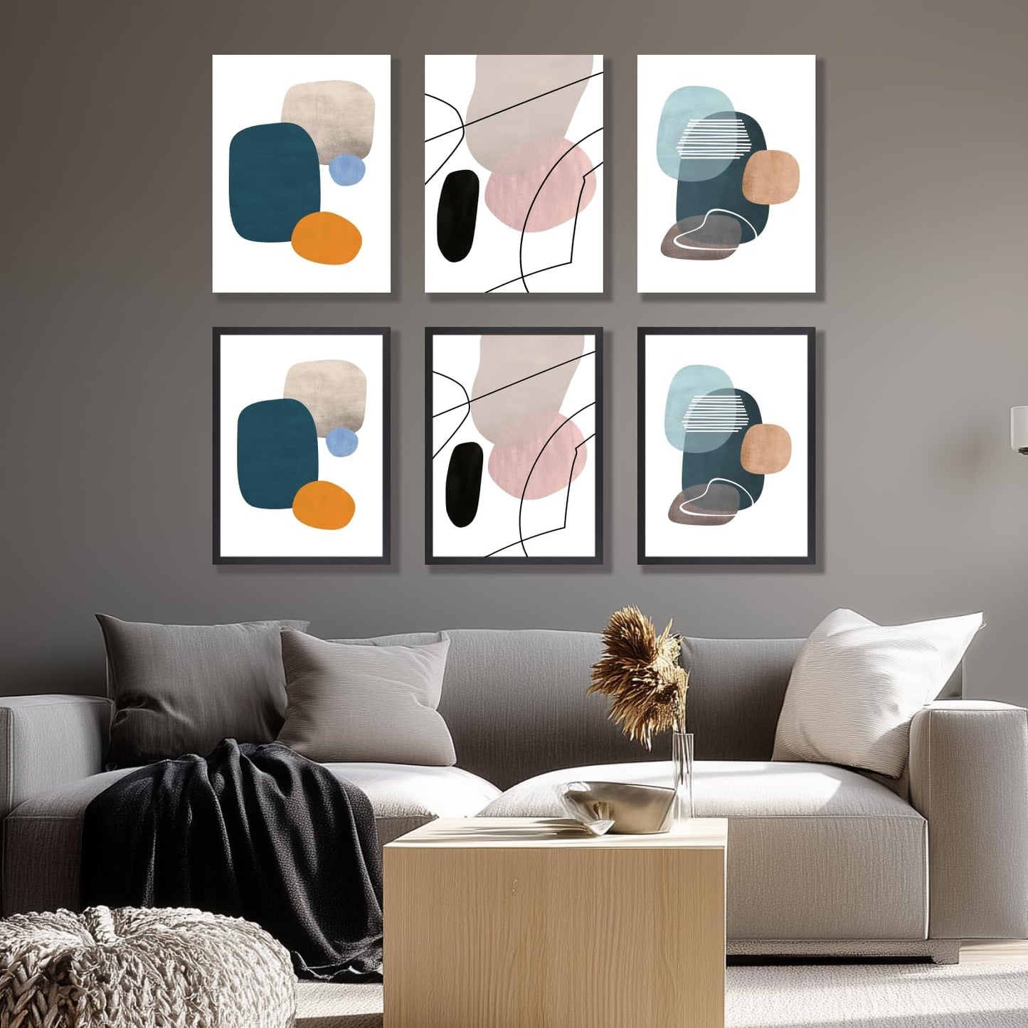 IAFWZX Framed Abstract Geometric Wall Art, Orange Blue Beige Color Block Wall Decor, Modern Minimalist Canvas Painting, Neutral Boho Colorful Geometric Aesthetic Picture for Living Room 16"x24"x3