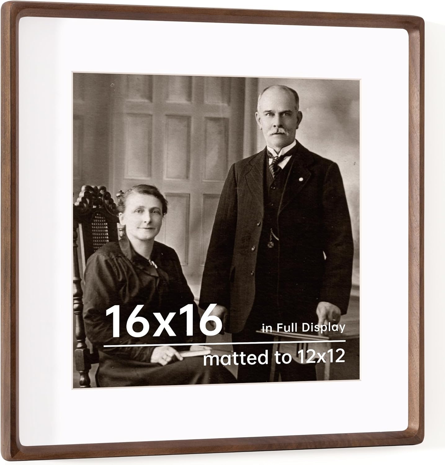 16x16 Picture Frame USA-Sourced Natural Walnut Wood Solid Original Wood Photo Frame Rounded Corner with Mat to 12x12 Picture Display with Real Glass Family, Wedding Picture, Photo, Certificate