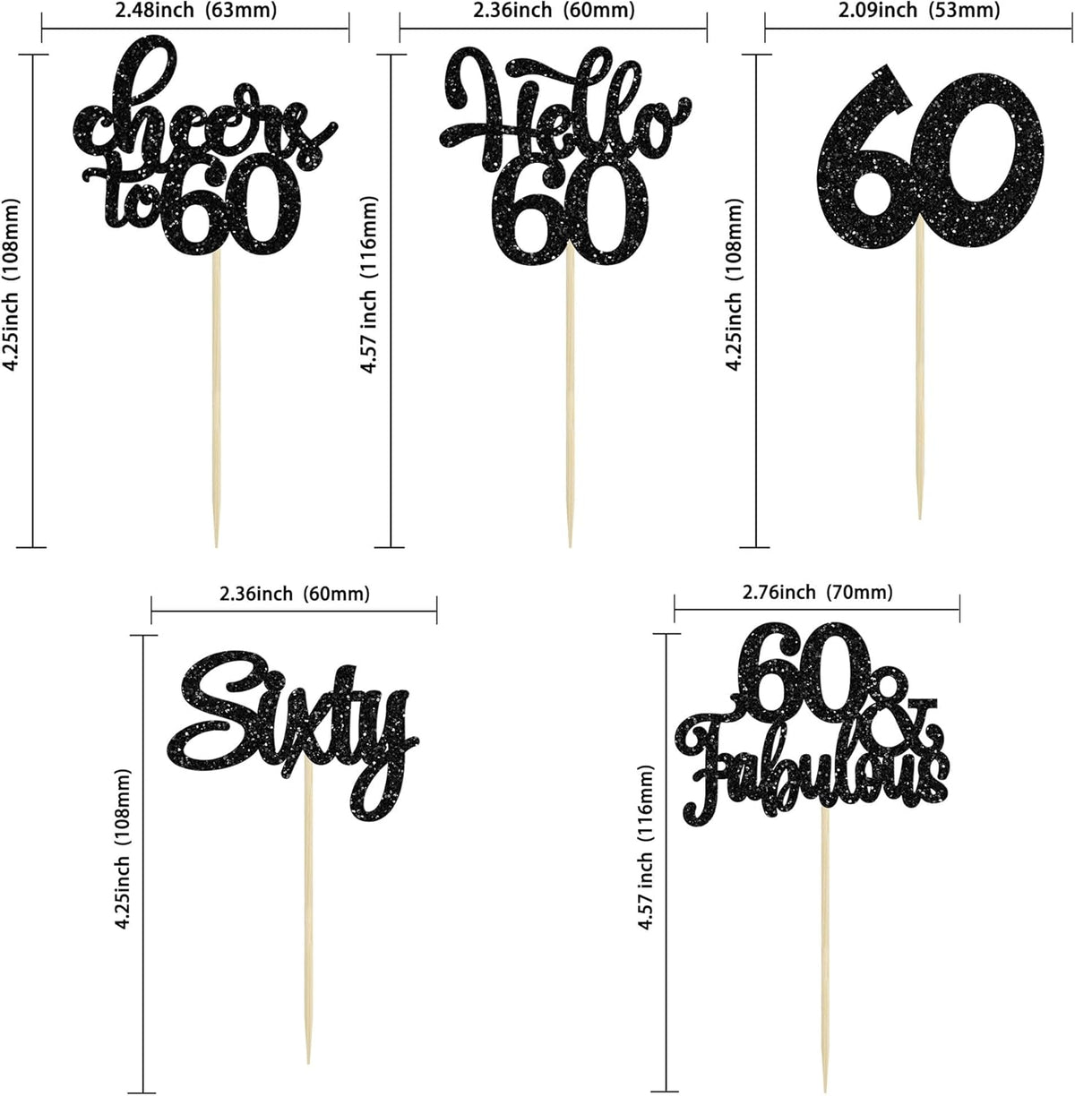 30Pcs Happy 60th Birthday Cupcake Toppers Black Glitter Sixty Cake Toppers Cheers to 60 Years Old Birthday Cupcake Picks for 60th Birthday Anniversary Party Cake Decorations Supplies
