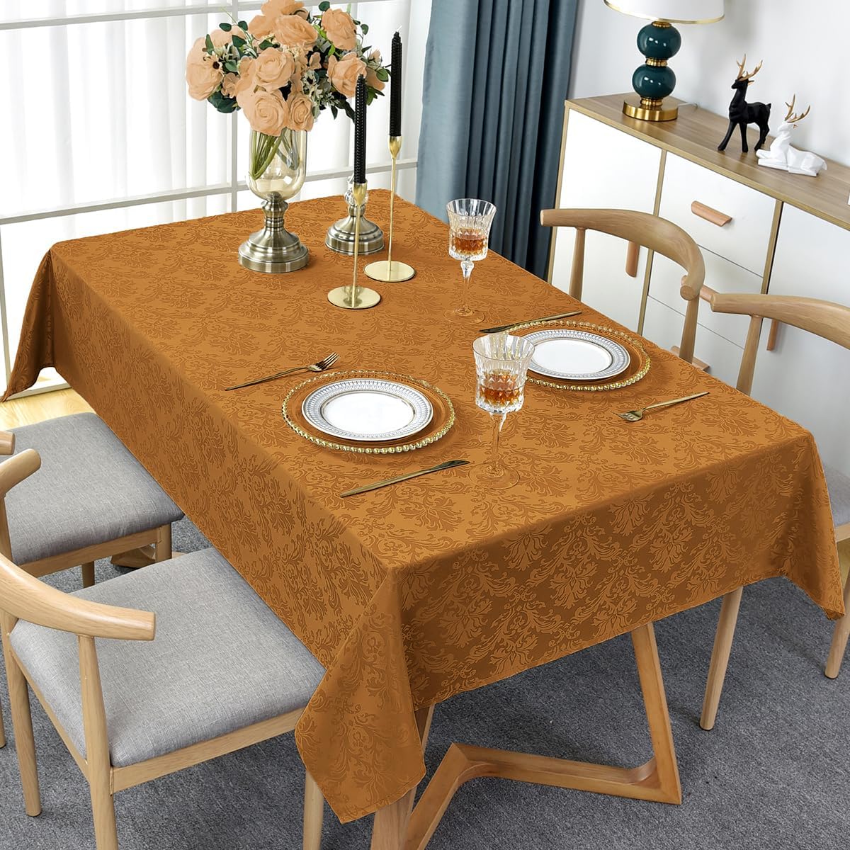 SASTYBALE Fall Tablecloth Square 52 x 52 Inch Spill Proof Washable Autumn Jacquard Damask Card Table Cloth, Polyester Fabric Table Cover for Thanksgiving, Harvest, Holiday, Brown/Amber