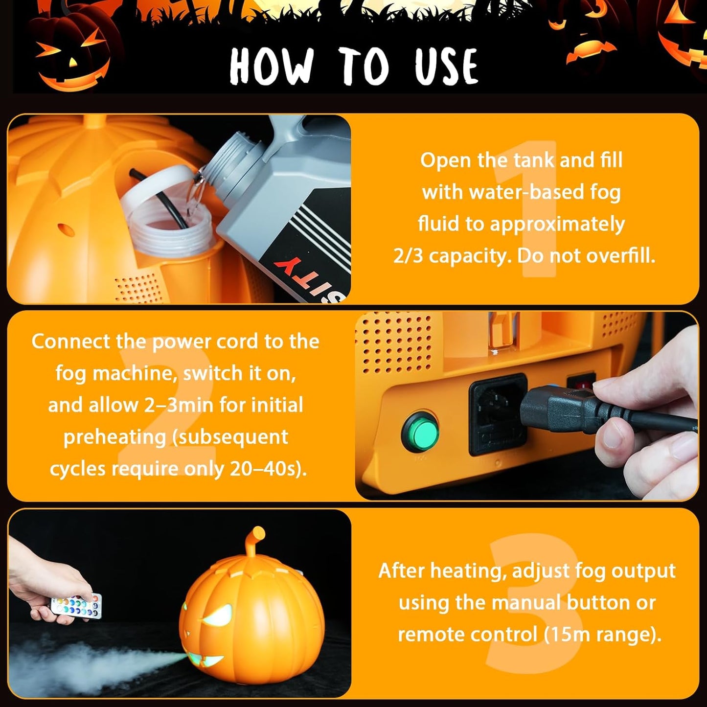 Fog Machine with LED RGB Lights, 800W Halloween Fog Machine with Remote Control, Pumpkin Smoke Machine 12 Colors Lighting Effect for Halloween Band DJ Show Club Outdoor Camping, 2 Pack
