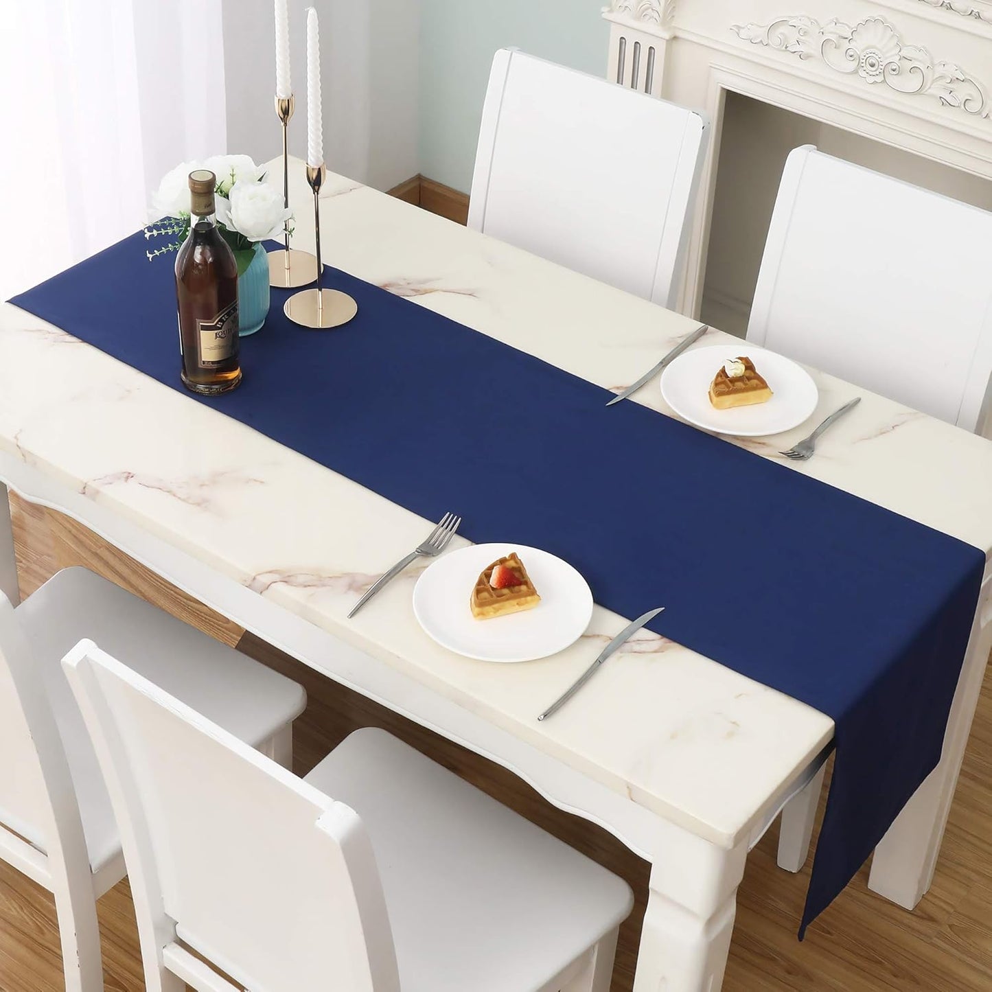 DUALIFE Navy Table Runner 14x72 inch Solid Color Thick Polyester Decorative Cloth Handcrafted for Wedding Party Birthday Graduations Hotel Restaurant Banquet Catering Services Event 2 Pieces