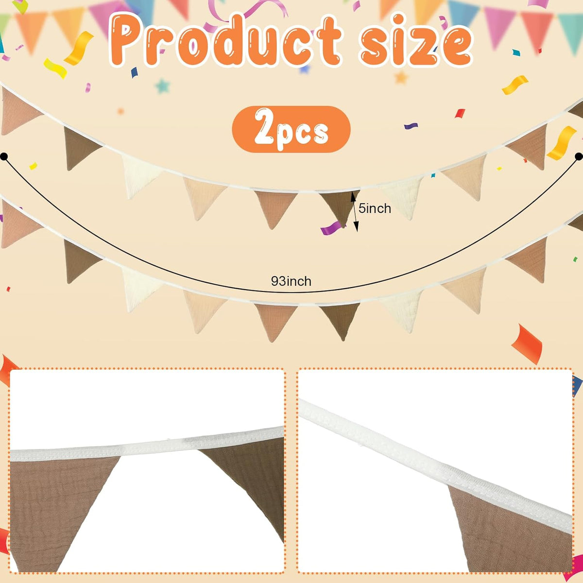 Oudain 15.5 ft Pennant Banner Flags, 2 Pcs Nursery Garland Triangle Bunting Flag Baby Banner for Nursery Decor Baby Birthday Boho Wedding Shower Party Event, Each 7.75 ft(Khaki Colors)
