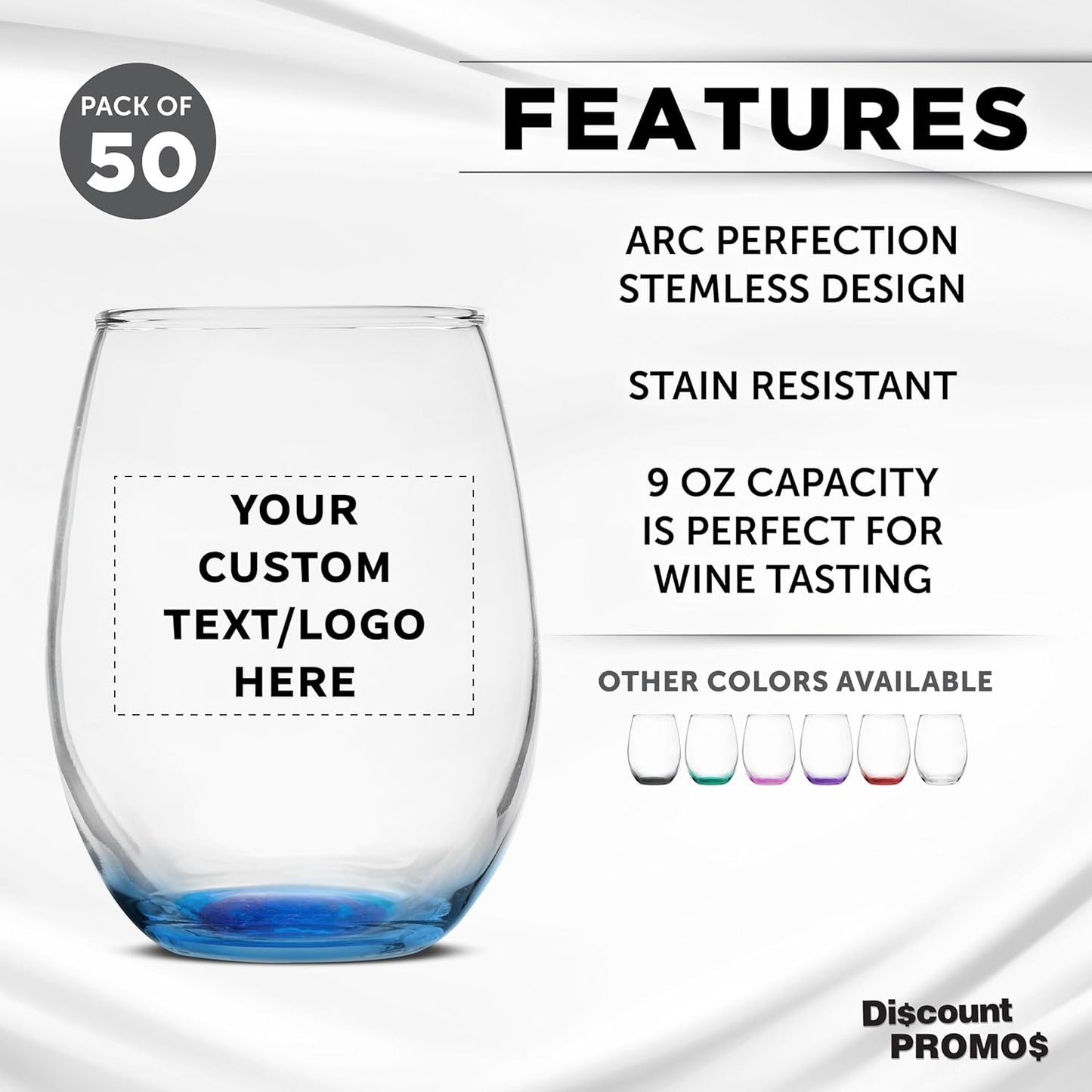 Custom Stemless Wine Glass 9 oz. Set of 50, Personalized Bulk Pack - Great for Wedding Favors, Bachelorette Party Decorations, Party Favors, Color Bottom - Blue