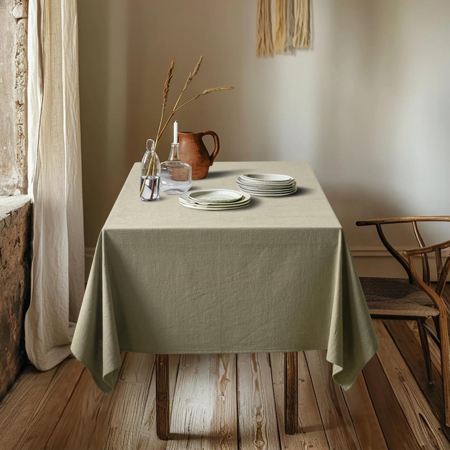 MIULEE Linen Cotton Blend Tablecloth Rectangle, Luxury Waterproof Stain Resistant Durable Farmhouse Oblong Table Cloth for Dining Party Weddings Birthday Events Boho Decor, 52 x 70 inch, Olive Green