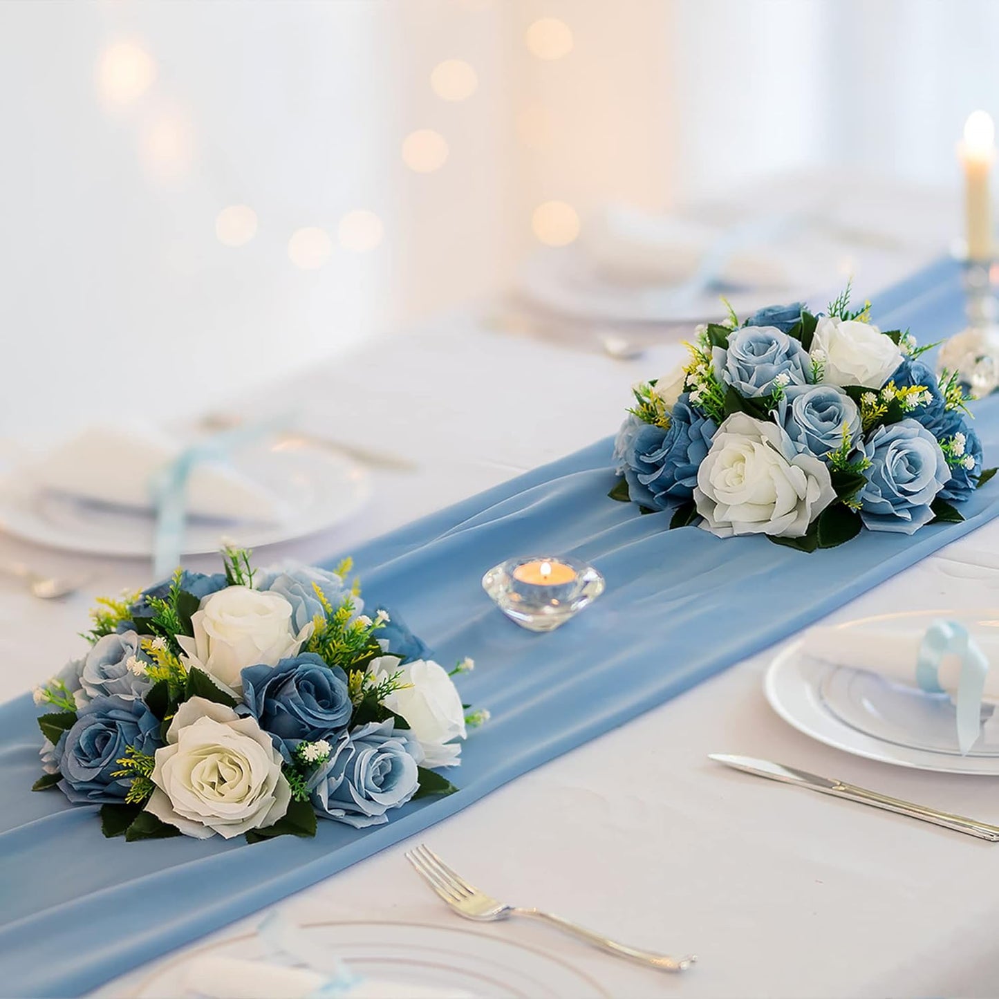 BLOSMON Flower Ball Centerpieces for Table 2 Pcs Fake Rose Centerpiece Flowers Dusty Blue Artificial Silk Floral Arrangement Center Piece Kissing Bouquet for Wedding Party Valentines Day Home Decor