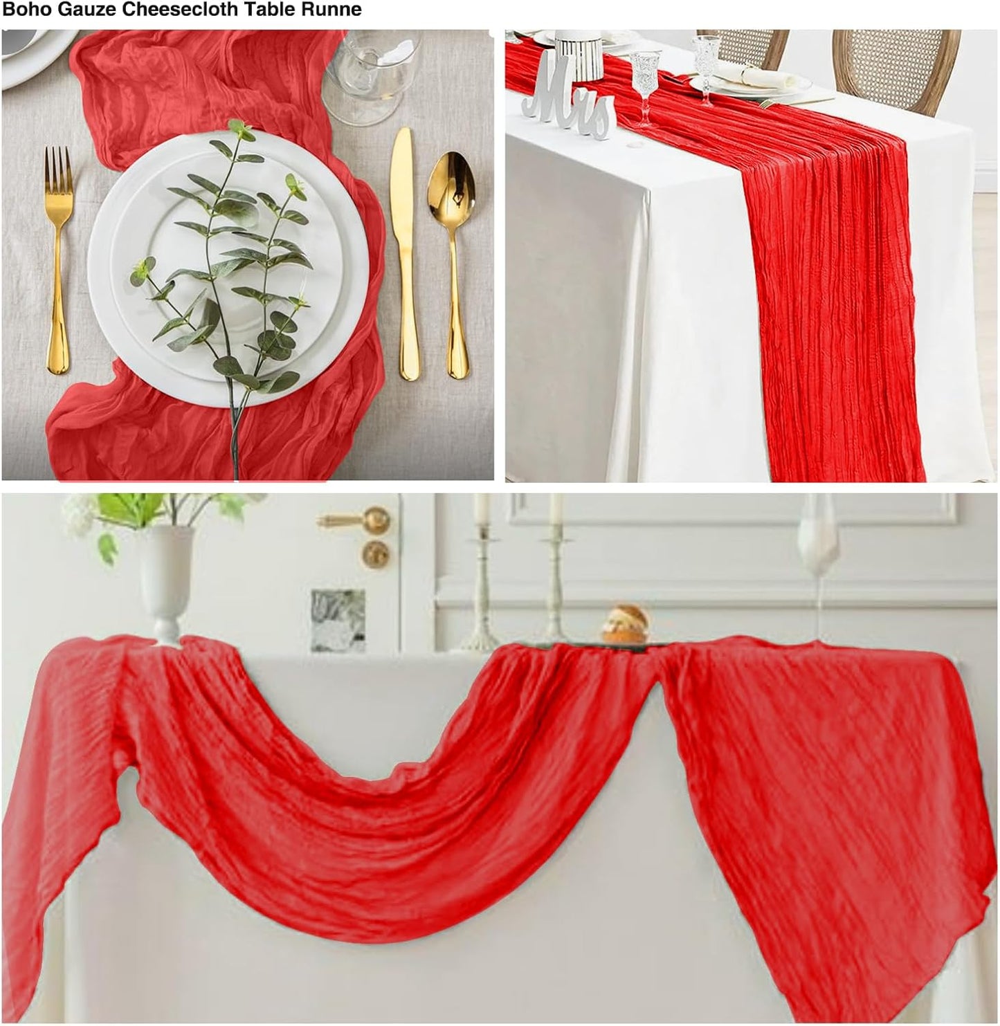 12 Pack Red 10 Ft Cheesecloth Table Runner 20x120 Inch Boho Wrinkled Sheer Romantic Gauze Decor for Wedding, Bridal Shower, Birthday Party
