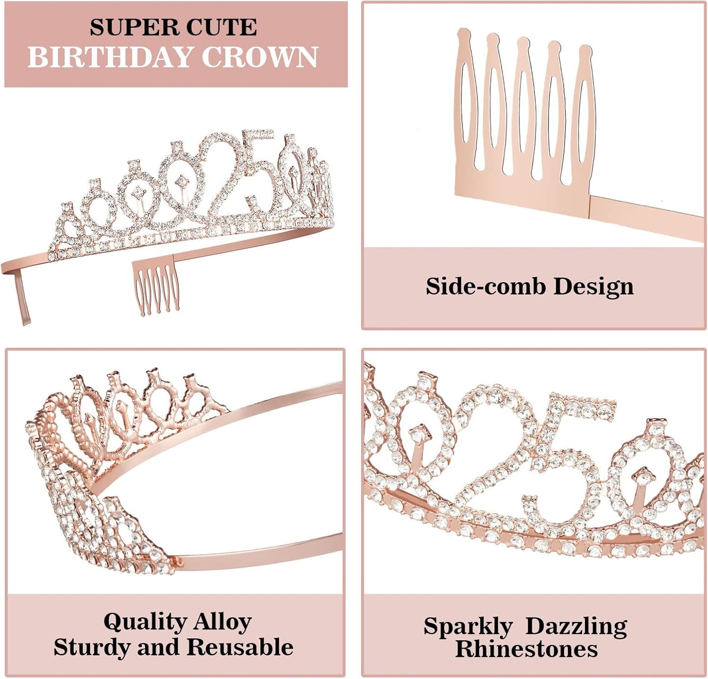 25th Birthday Decorations for Women Including Sash, Tiara/Crown, Numeral Candles and Cake Topper, 25th Birthday Gifts for Women, Rose Gold Party Favor Supplies
