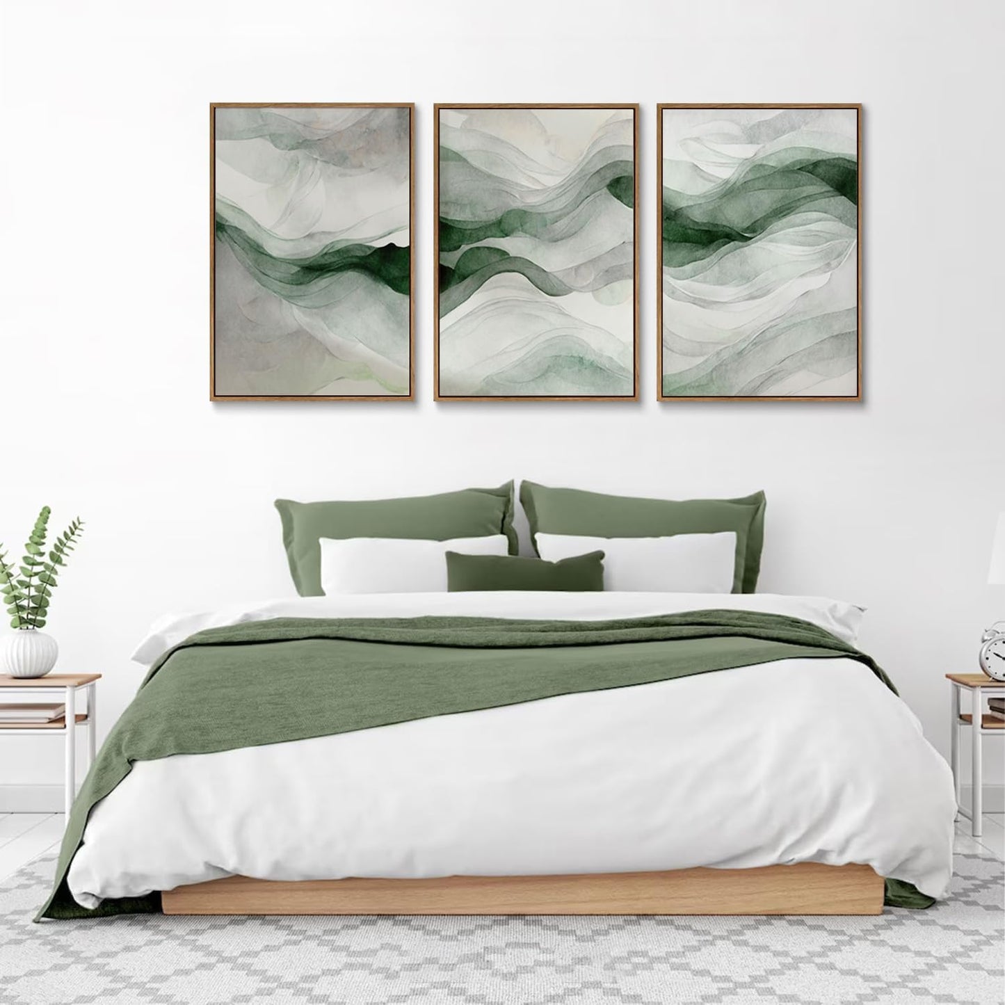 myusuar 3 Piece Large Abstract Framed Wall Art For Living Room, Smoke Texture Ink Teal Soft Green Canvas Wall Art Modern Minimalist Art Prints Wall Décor For Bedroom Office 24x36in