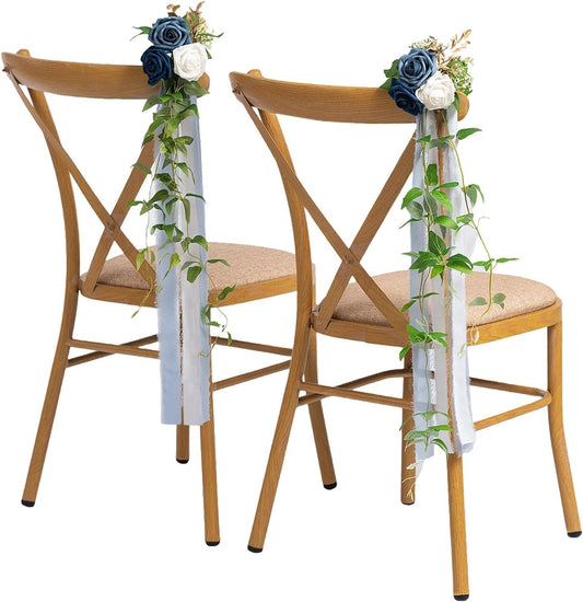 Meldel 10Pcs Elegnat Wedding Chair Back Decorations Aisle Artificial Blue White Rose Flowers Garland with Ribbion for Ceremony Reception and Reception Seating Arrangements Party Outdoor Decor