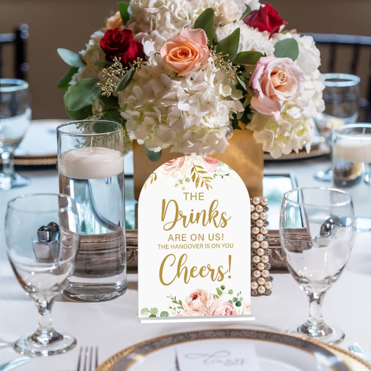Acrylic Wedding Signs, Bridal Shower Decorations, The Drinks Signs for Reception, Modern Calligraphy Arch Acrylic Table Top Sign for Wedding Reception and Engagement Parties (Pink Flowers)