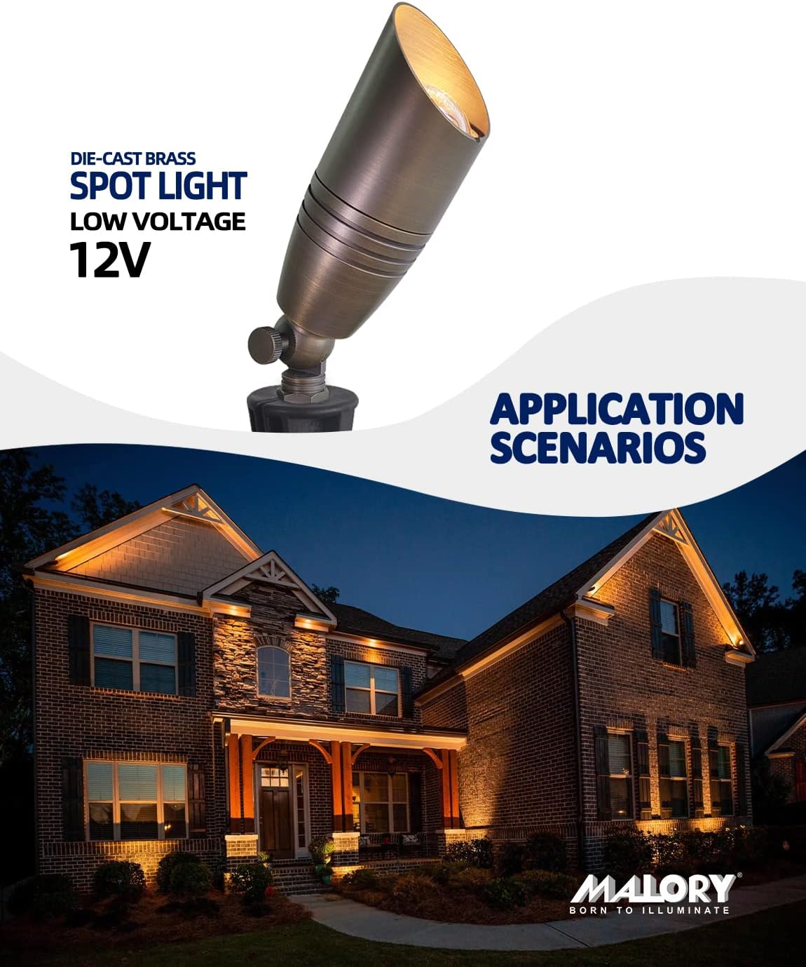 MALORY Brass Landscape Spotlights 6-Pack with Bulb Kit(S02), Low Voltage 12V AC/DC LED Outdoor Spot Uplights for House and Tree,PVC Ground Stake and Wire Connector Included, 5W 2700K Warm White