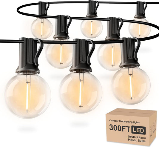 RTTY Outdoor String Lights 300ft, 3 Pack 100ft G40 Led Patio Globe Lights with 52pcs Bulbs,Shatterproof Waterproof Connectable Hanging for Porch Cafe Bistro Backyard Gazebo Balcony Deck Party