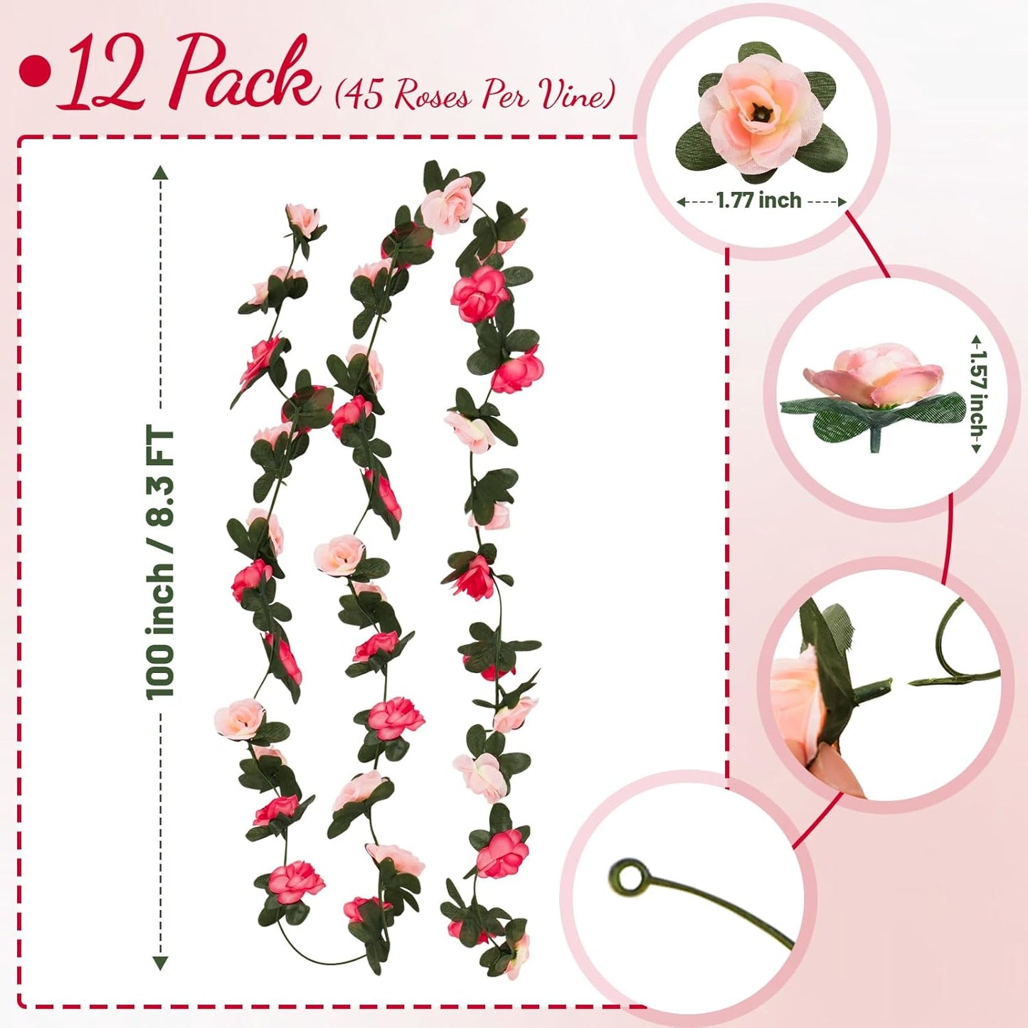 12 Pcs 99 Ft Flower Garland Rose Vines, Pink Rose Garland for Decoration, Flower Vine for Room Table Birthday Wedding Party Garden Wall Decor