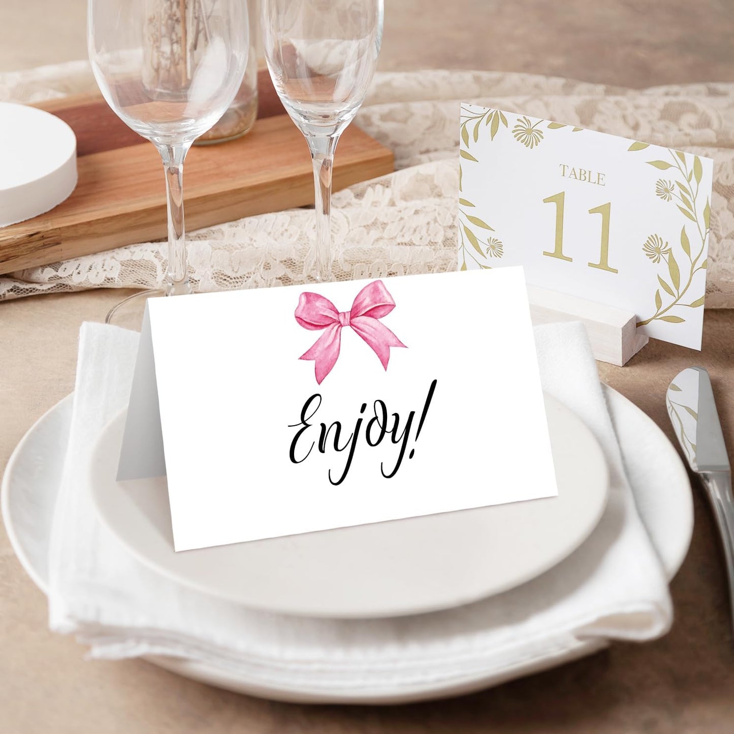 25 Pink Bow Place Cards for Table Seating, Watercolor Wedding Name Place Card, Tent Cards for Birthday Baby Shower Bridal Shower Reception Dinner Party Decorations -A25