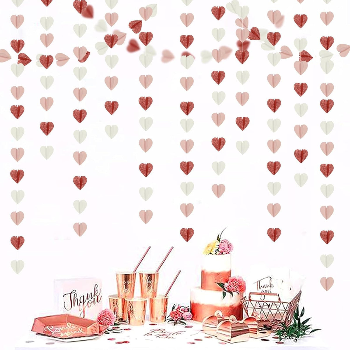 Rose-Gold Pink White 3D-Heart Garland - 39Ft Party Decorations Hanging Paper Streamers Banner,Engagement Wedding Bachelorette Baby Bridal Shower Decor Ouruola