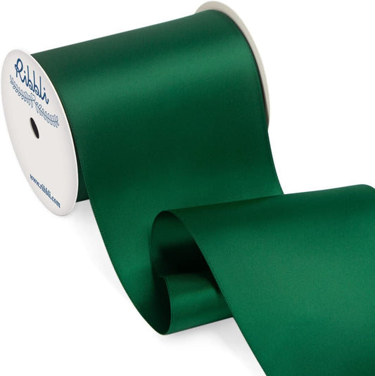 Ribbli Forest Green Satin Ribbon 4 Inch Wide Dark Green Ribbon for Wedding Chair Sash Grand Opening Ceremony Big Bows Gift Wrapping Floral Crafts Cake Decor-Double Faced Satin Continuous 10 Yards