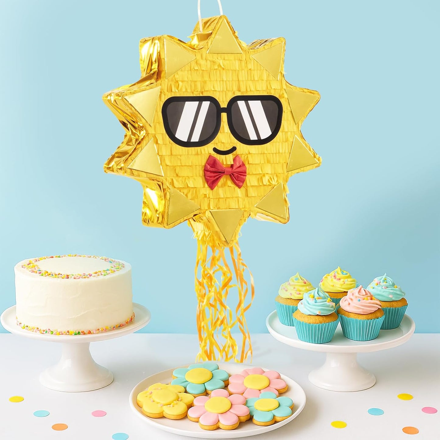 WERNNSAI Sun Pinata-Sunshine Party Decorations pull string Sun Pinata with Blindfold and Bat for Girls Kids Sun Brithday Baby Shower Summer Party Game Supplies