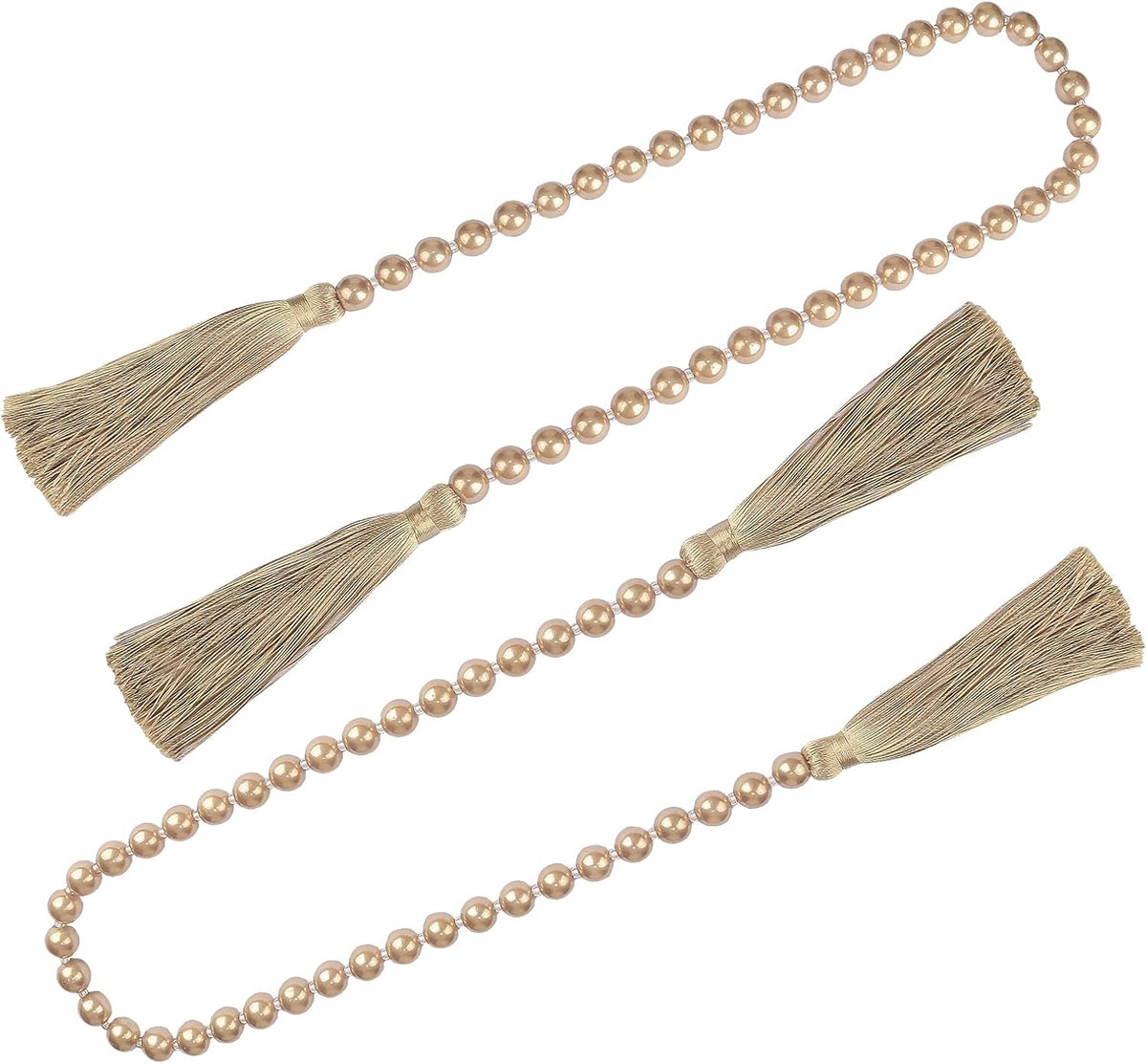 Fenghuangwu 34 Inch Pearl Glass Bead Garland with Tassels - Elegant Boho Table Decor, Fringe Wall Hanging for Wedding, Party, Farmhouse Rustic Prayer Bead Home Decoration(2 Pack,Champagne Gold)