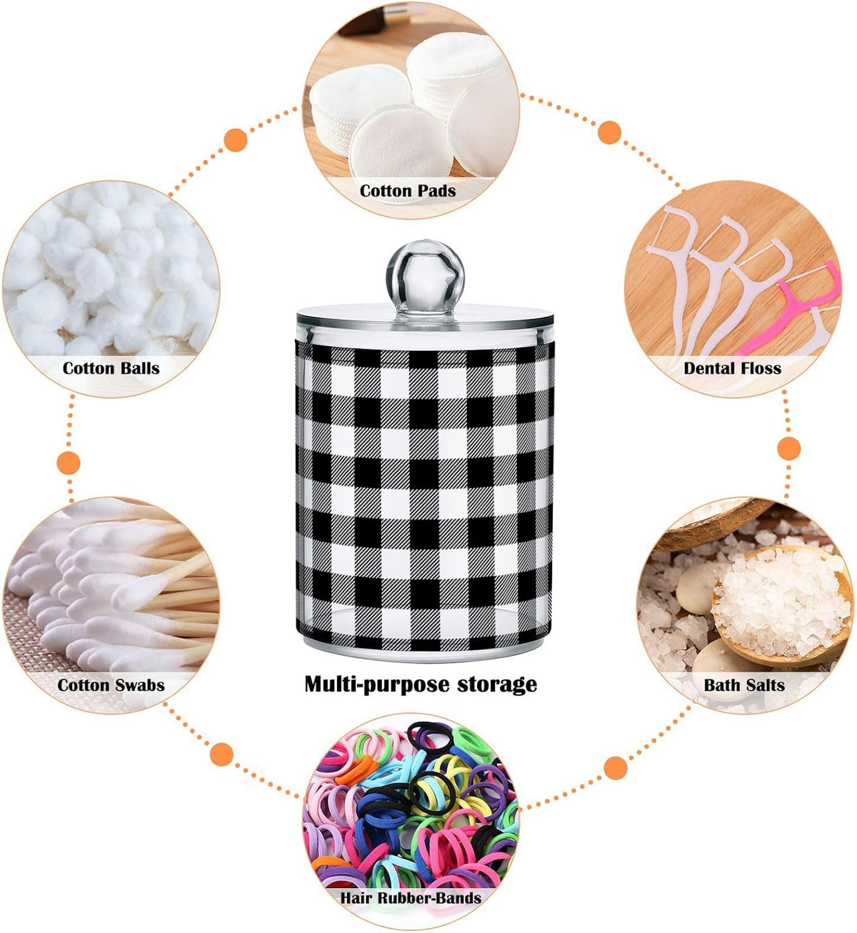 Gredecor Qtip Holder Dispenser 4 Pack Black White Classic Buffalo Plaid Apothecary Jars with Lids Bathroom Vanity Countertop Canister Storage Organizer for Cotton Ball,Swabs,Pads,Floss
