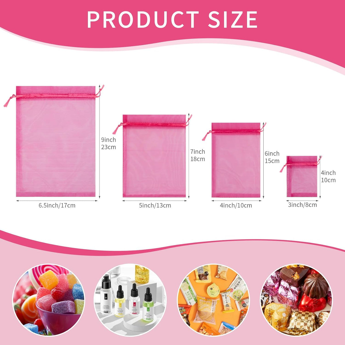 50 Pcs Hot Pink Organza Gift Bags 5x7 Inch, Small Mesh Bags Drawstring Jewelry Pouch Bags Goody Bags for Candy Wedding Party Favor