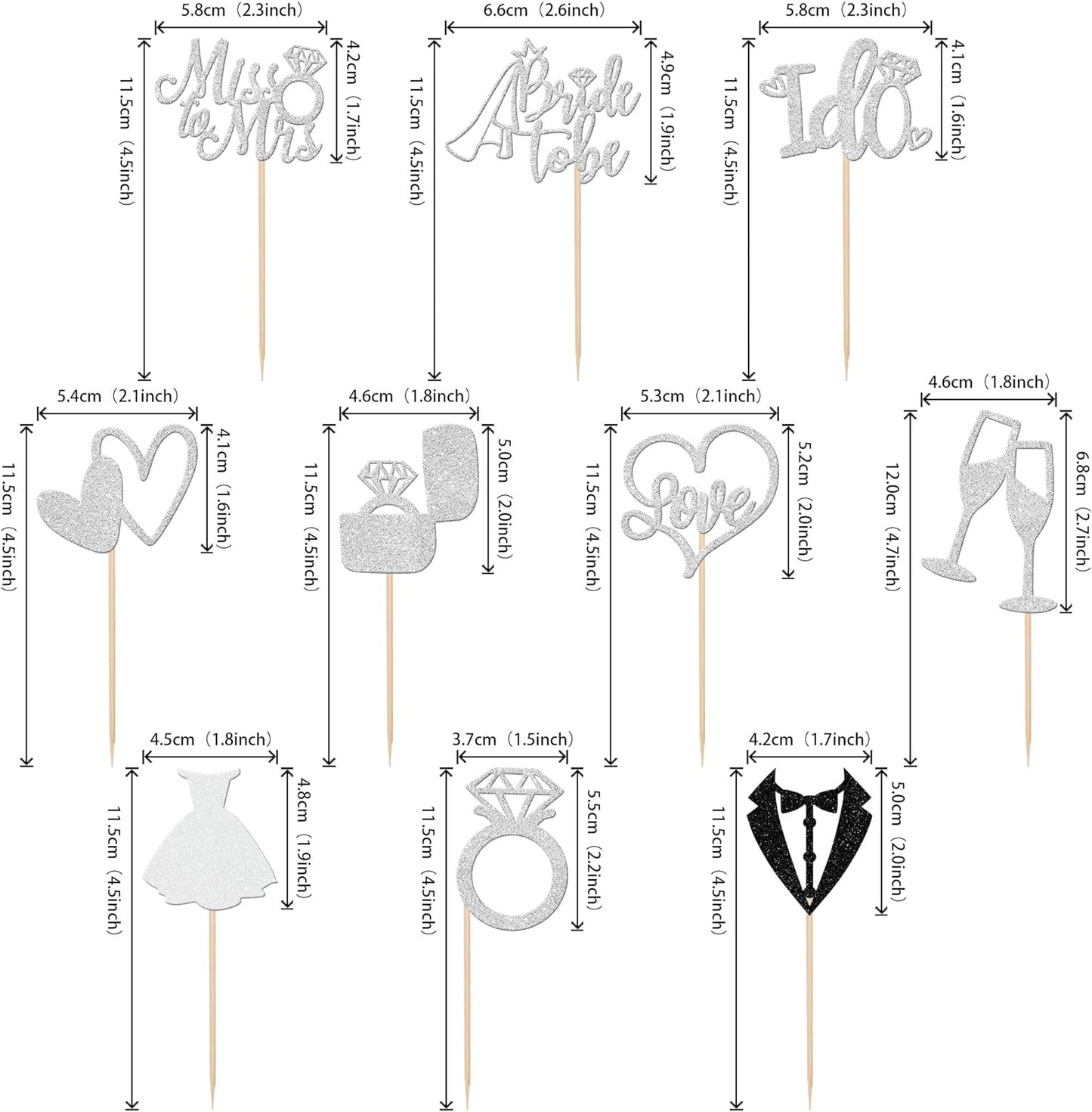 30 PCS Bride to Be Cupcake Toppers Glitter Wedding Cupcake Decorations I Do Love Heart Ring Miss to Mrs Cupcake Picks for Wedding Engagement Bridal Shower Party Cake Decorations Supplies Silver