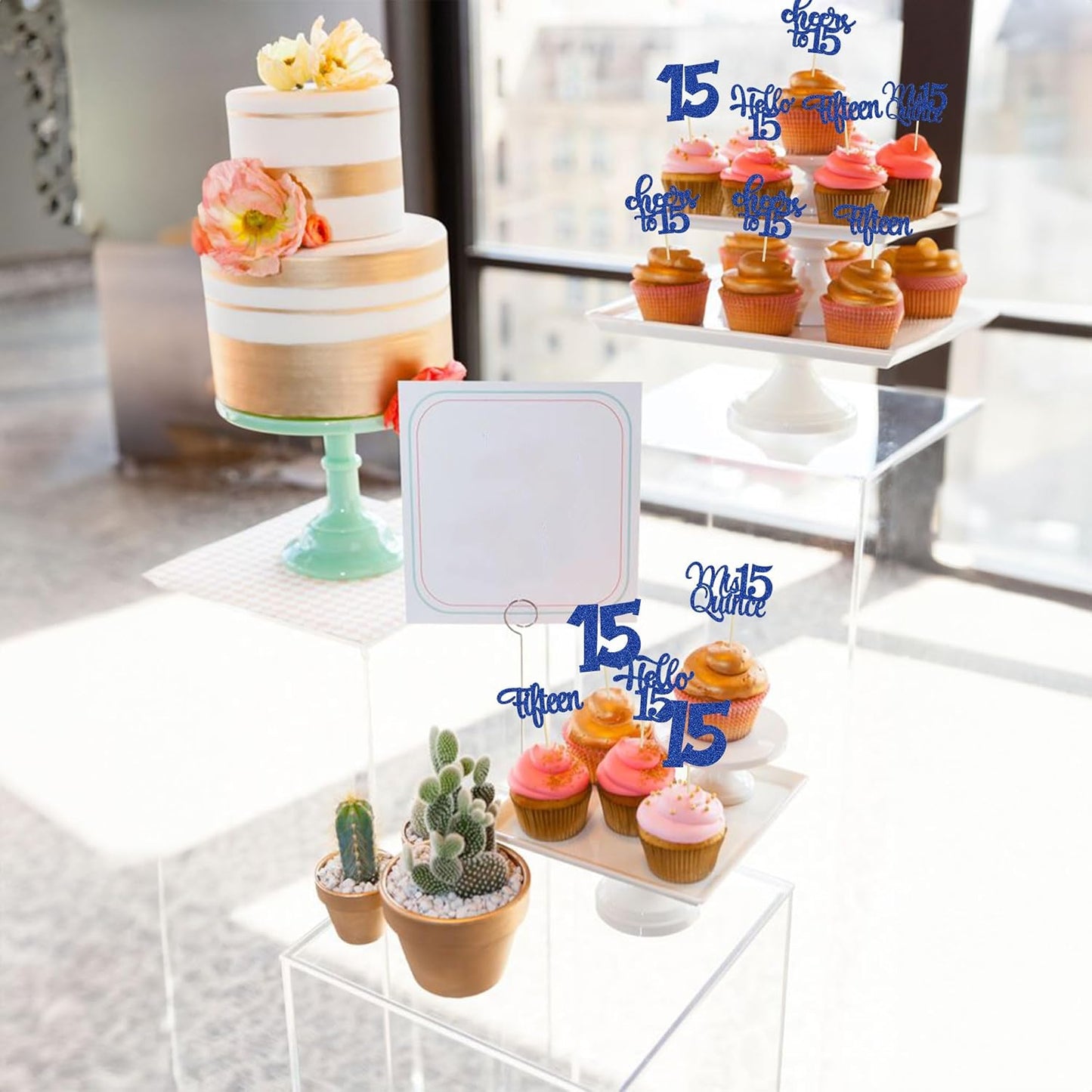 30Pcs 15th Birthday Cupcake Toppers Fifteen Cupcake Picks Cheers to 15 Years Old Mis Quince 15 Cake Decorations for 15th Birthday Anniversary Party Deep Blue Glitter