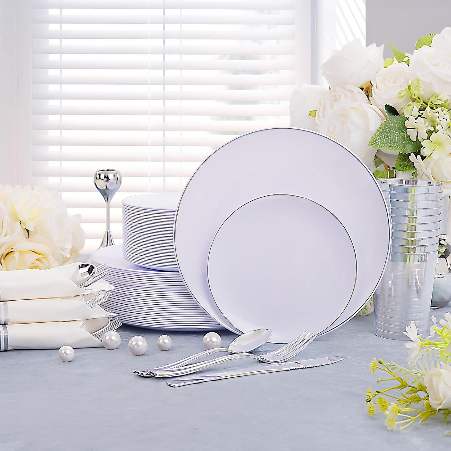 KIRE 350 PCS Plastic Dinnerware Set for 50 Guests, Silver Plastic Plates Include 50 Dinner, 50 Dessert Plates, 50 Pre Rolled Napkins with Silverware, 50 Cups for Wedding, Party, Banqet, Gathering
