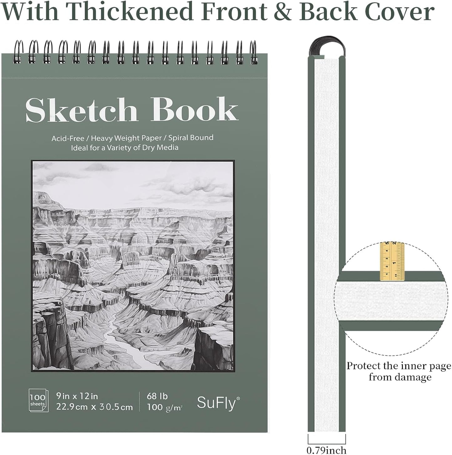 SuFly 9"x12" Drawing Paper, Pack of 2, 100 Sheets Each, Top Spiral Sketch Pad, 68lb/100gsm, White.