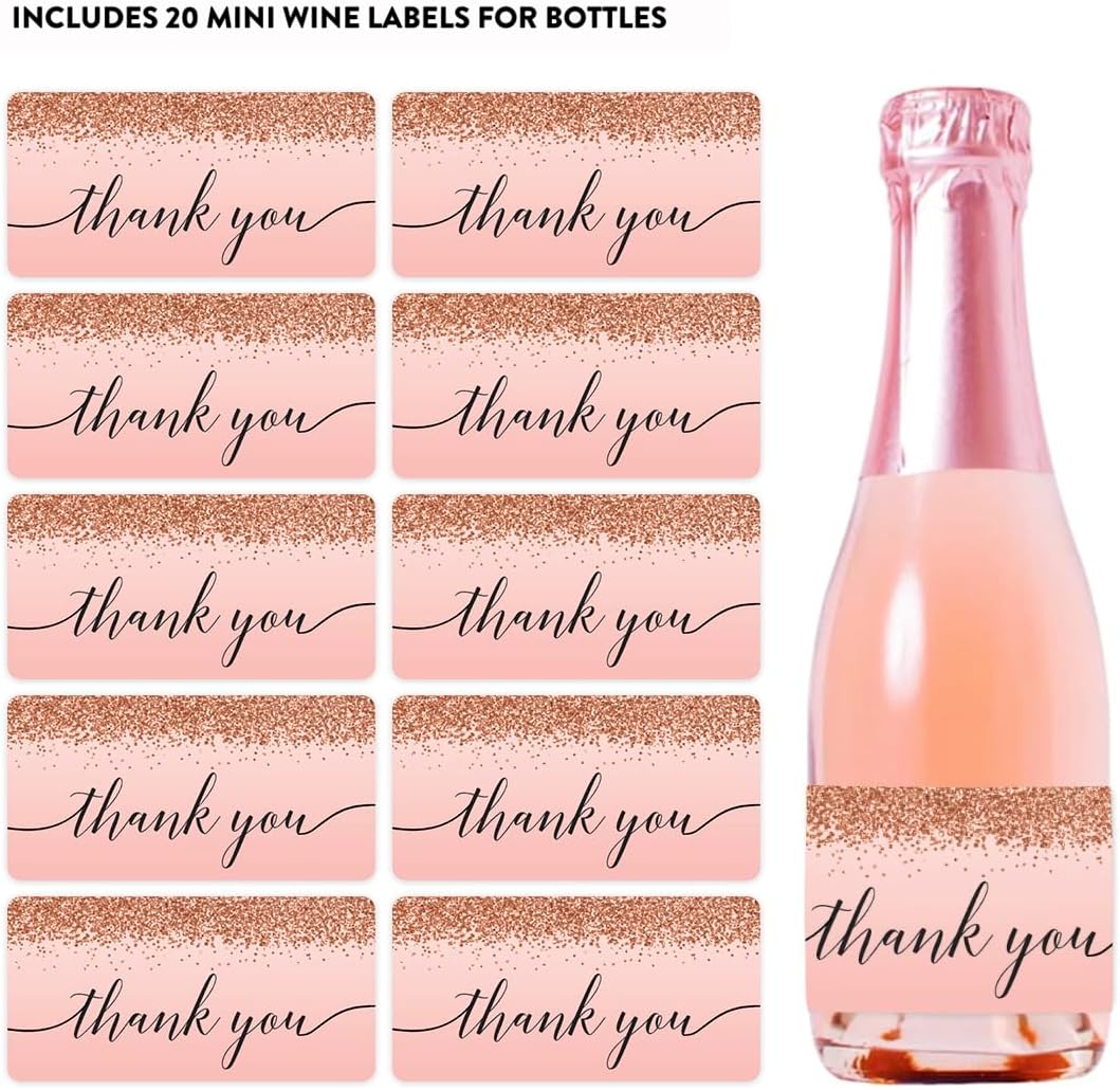 Andaz Press Mini Champagne Wine Bottle Labels, Thank You, Blush Pink Faux Rose Gold Glitter Elegant, 20-Pack, Party Favor Gift Label Stickers Baby Shower Bridal Shower