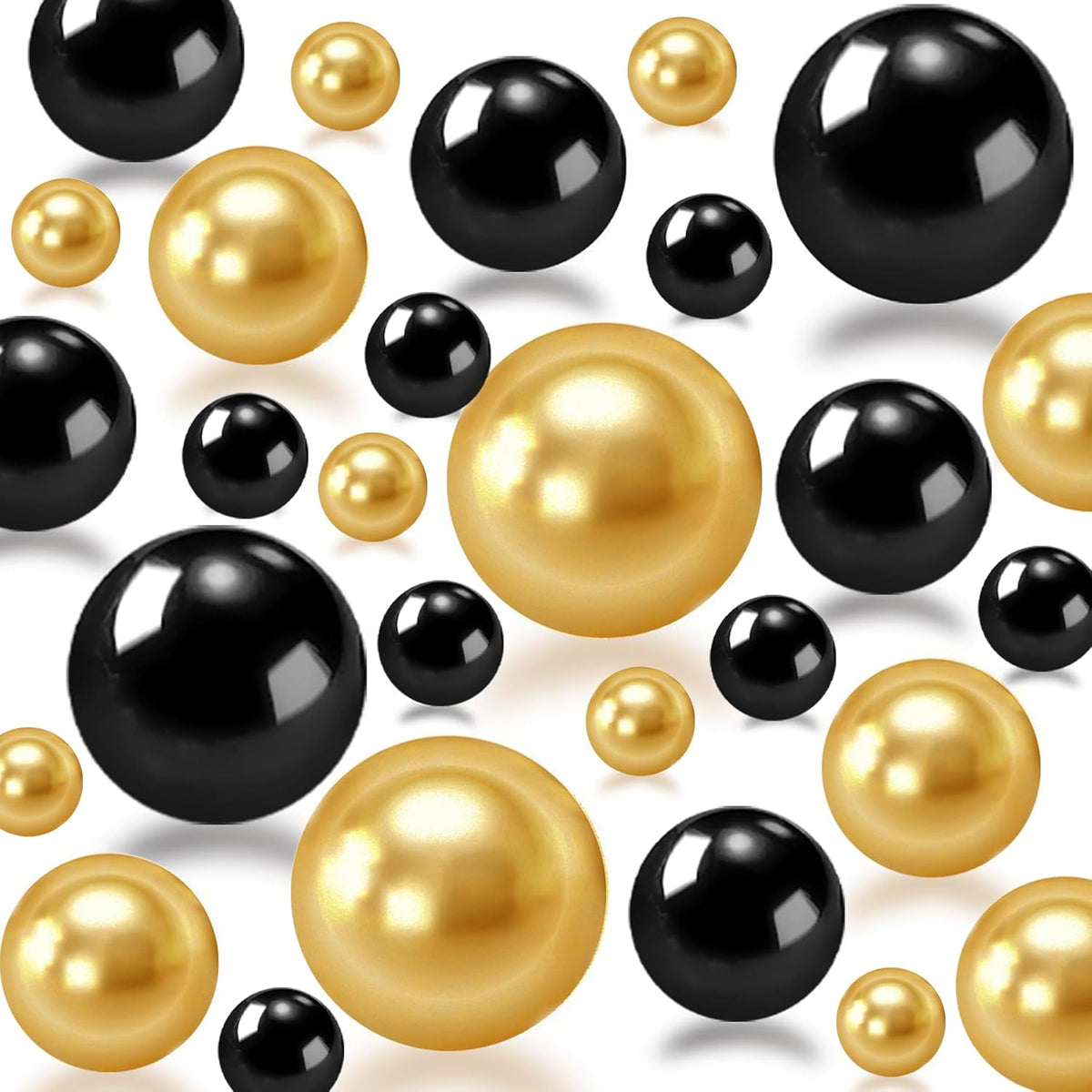 300Pcs Black&Gold Polished No Hole Faux Pearl Beads for Vase Filling Decorations, Plastic Pearls Vase Fillers, Table Scatters, Wedding Centerpiece, Home Decor, 8/14/20 mm