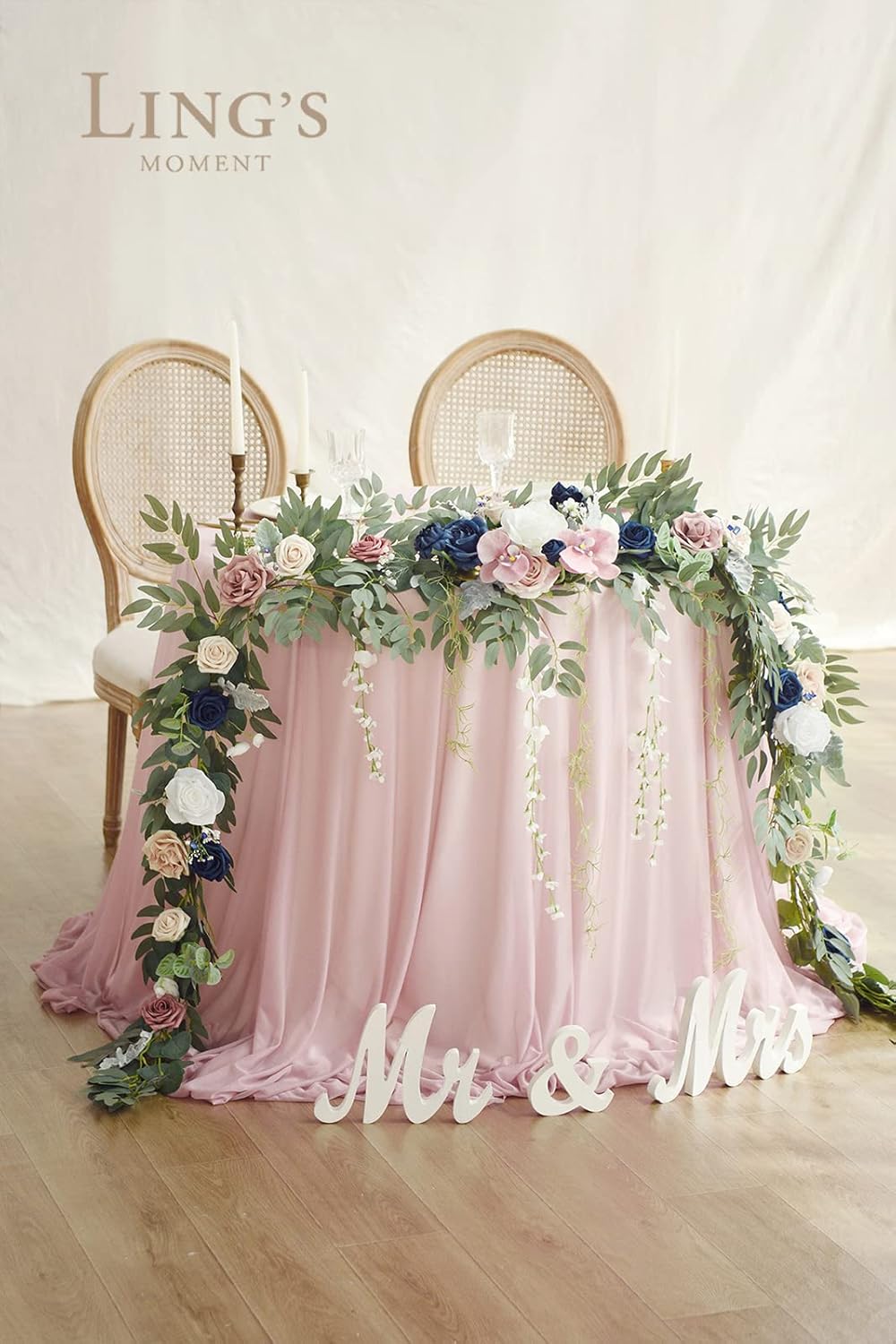 Ling's Moment 9FT Eucalyptus and Willow Leaf Garland with White Flower, Handcrafted Wedding Sweetheart Table Centerpieces Head Table Decor Arch Backdrop Decorations for Wedding | Dusty Rose & Navy