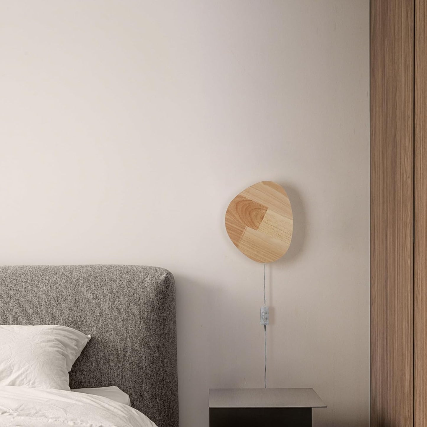 Modern Minimalist Plug in Wall Sconces, 9.4'' Plug-in Or Cordless Wood Backlight LED Wall Lamp, 12W, 1100LM Warm White Brightness Wall Light Fixtures for Bedroom, Living Room Wall Décor