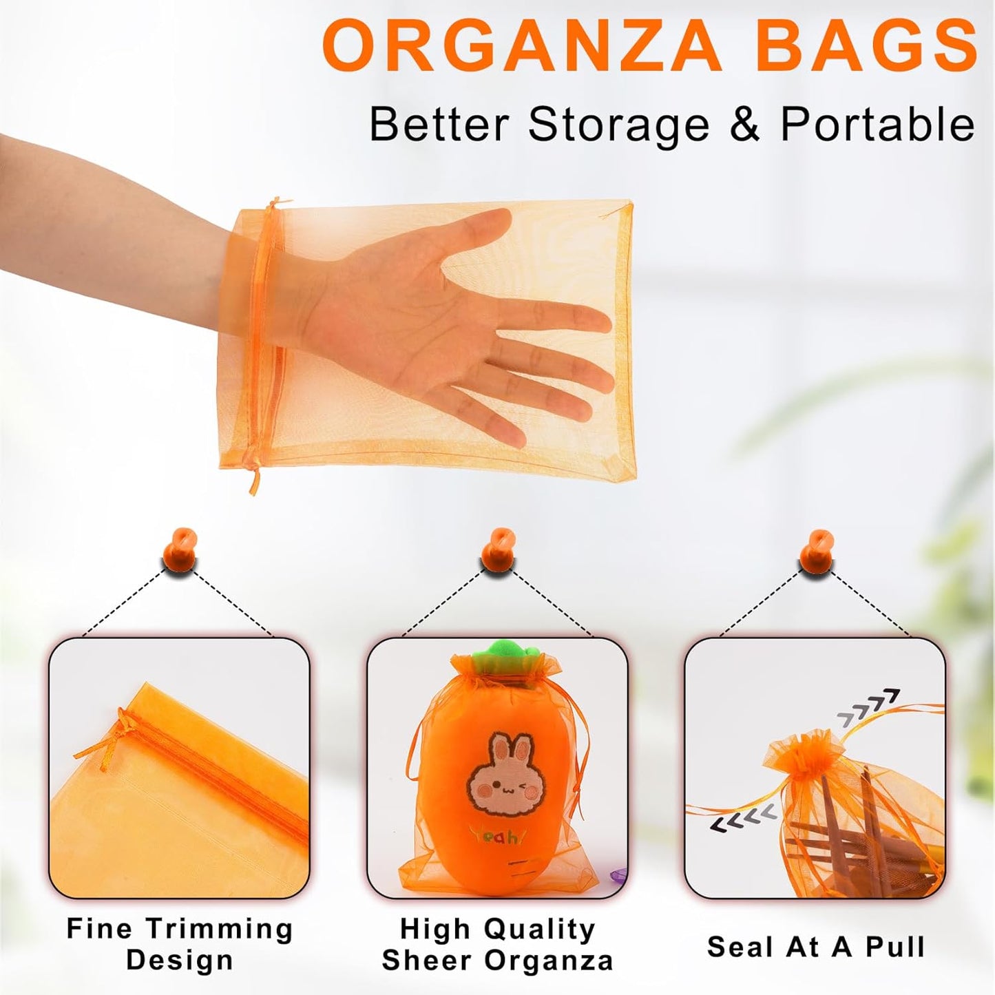 ANZNKU 50 Pack Premium Sheer Organza Bags 6x9 inches Mesh Bags Gift Drawstring for Halloween, Party, Wedding, Mesh, Festival, Makeup, Organza Favor Bag(Orange)