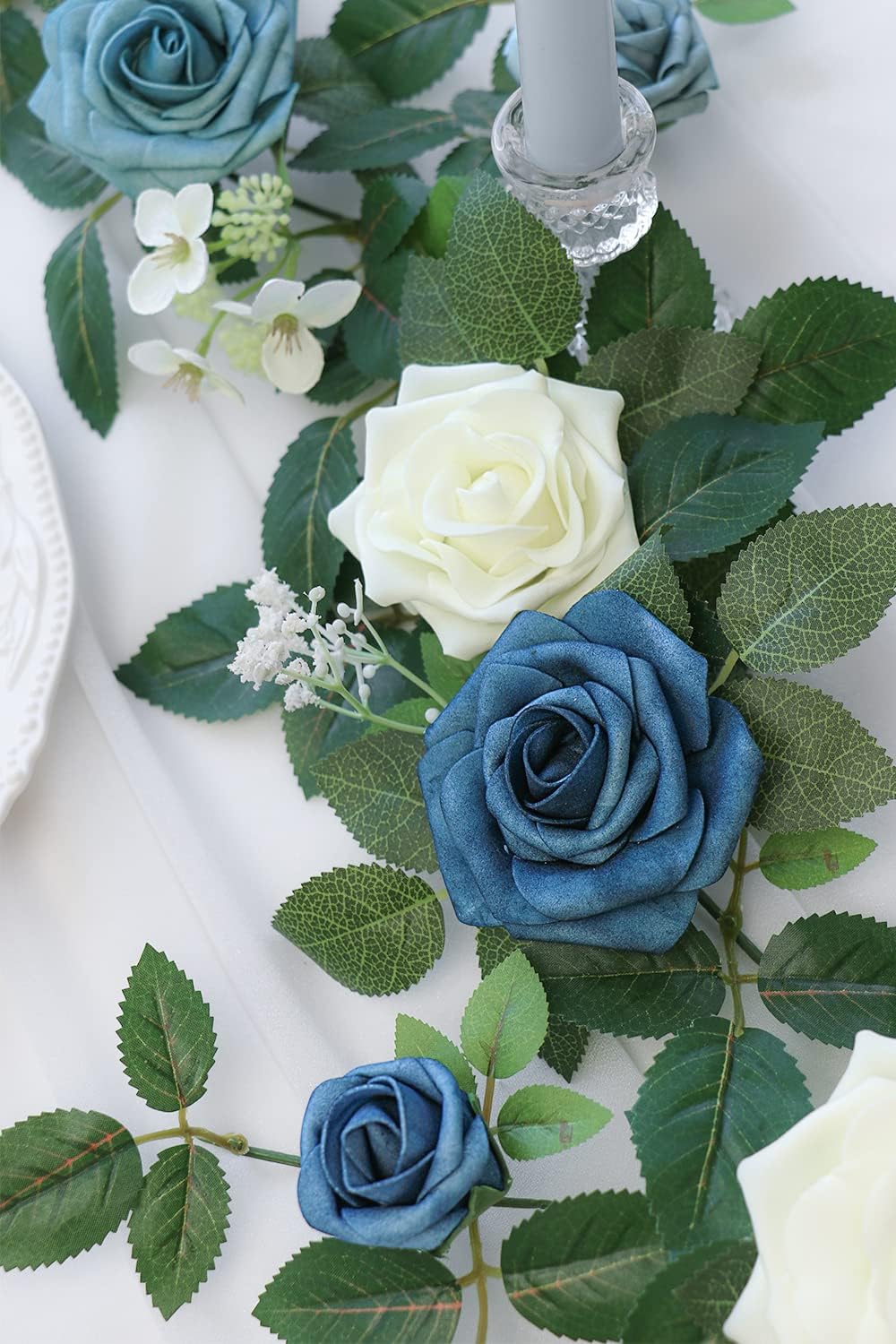 PONATIA 5FT Handcrafted Artificial Rose Flower Garland, Dusty Blue Flowers Greenery Garland for Wedding Ceremony Garlands Backdrop Arch Flowers, Ceremony Reception Table Decorations