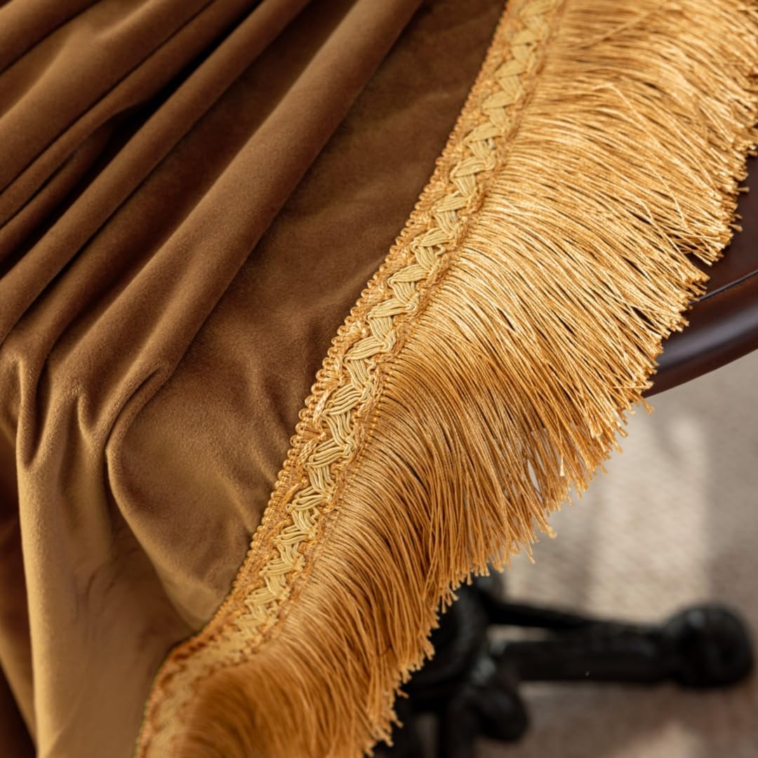 F-CHU Luxury Camel Tablecloth Thickset Velvet Tablecloth with Beautiful Gold Tassels Vintage Table Cloth for Home Decor Wedding, Party, Banquet and Events 48" Round