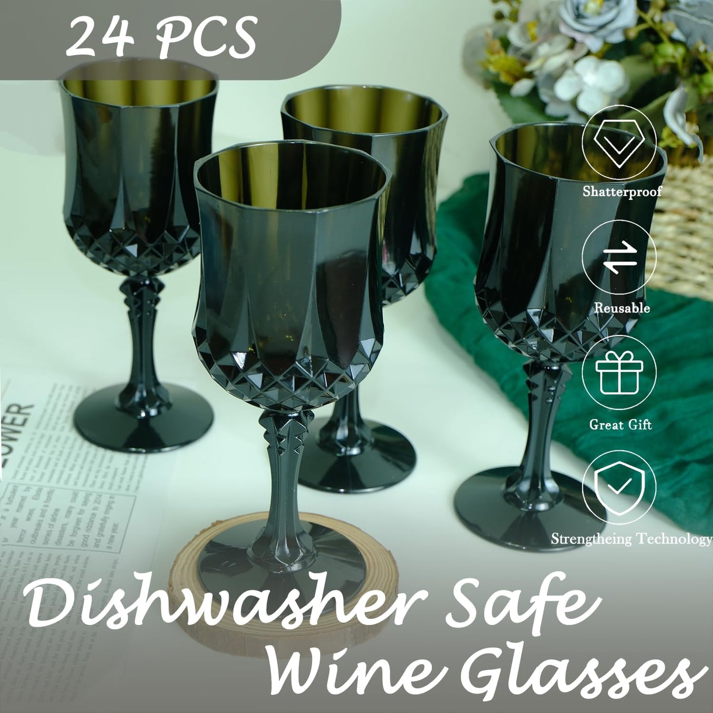 Plastic Wine Glasses，Plastic Goblets Vintage Style Cordial Drinking Glasses for Wedding Reception, Halloween Grand Event Party Supplies (24, Black)