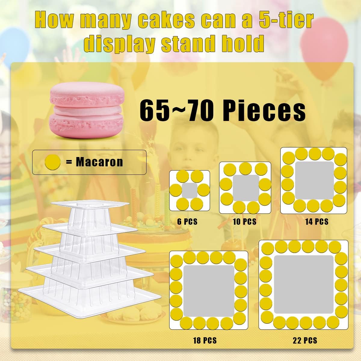 5 Tiers Square Macaron Tower Stand, Plastic Transparent Cake Stand Macaroon Display Rack Desserts Cupcake Holder Platter for Wedding, Birthday Party, Baby Shower, Party Decor