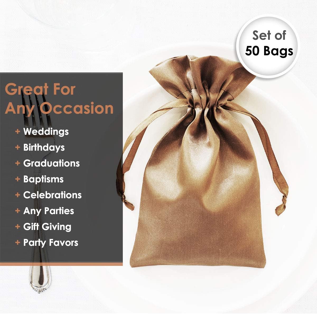 6" x 9" Old Gold Satin Gift Bags, Jewelry Bags, Wedding Favor Drawstring Bags Baby Shower Christmas Gift Bags 50 per Pack