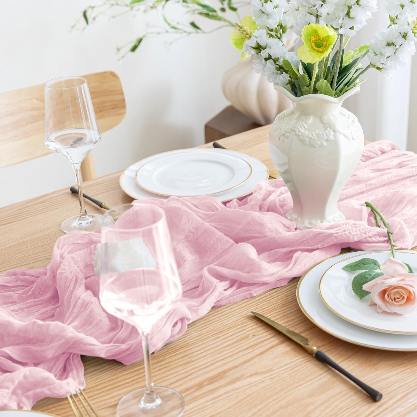 Asee'm 4pcs Cheesecloth Table Runner 120 Inches Blushing Pink Boho Gauze Cheese Cloth Runner 10FT Rustic Sheer Table Runners for Summer Wedding Baby Shower Holiday Party Decoration