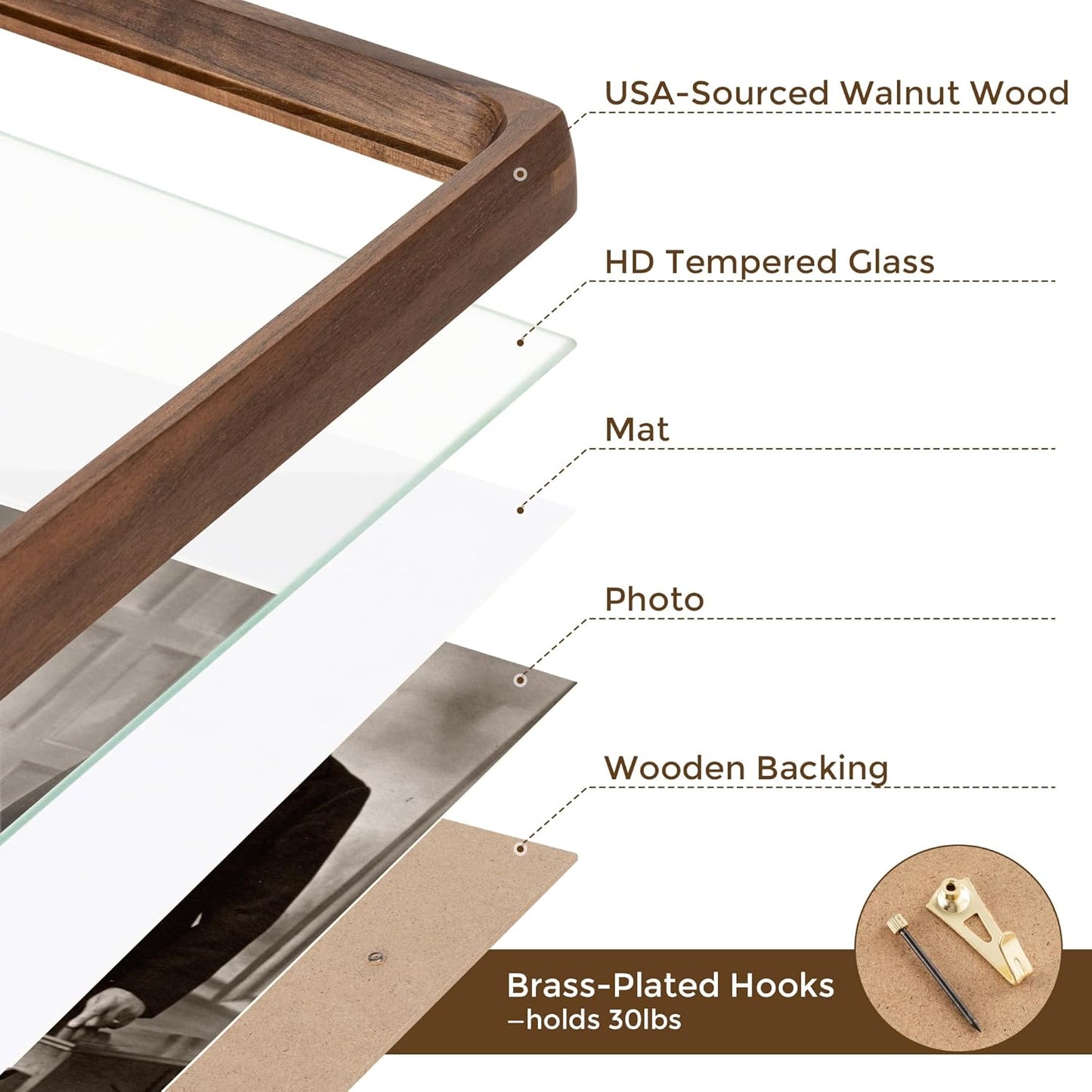 16x16 Picture Frame USA-Sourced Natural Walnut Wood Solid Original Wood Photo Frame Rounded Corner with Mat to 12x12 Picture Display with Real Glass Family, Wedding Picture, Photo, Certificate